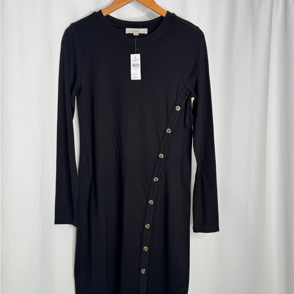 LOFT Black Long Sleeve Dress with Button Accents